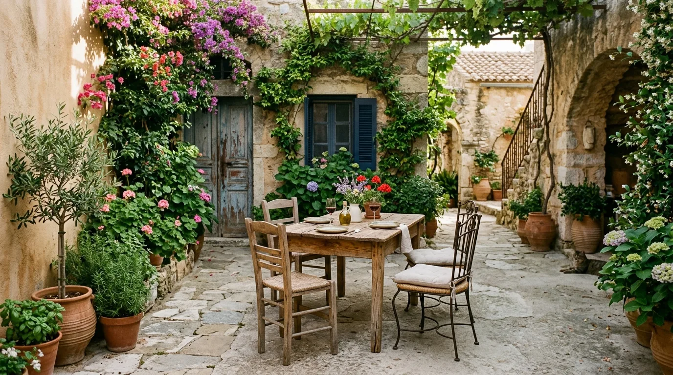 Courtyard with Rustic Wooden Table